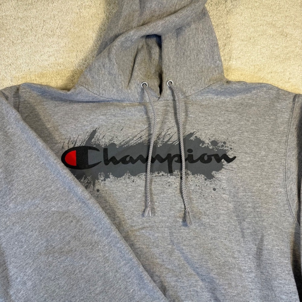 Champion Gray Hoodie Pullover Sweatshirt Mens Medium Spellout Logo‎